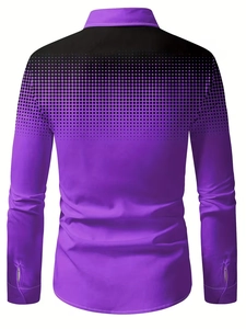 Back view of a men's purple long sleeve shirt with black digital gradient dot patterns