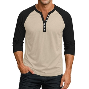 T-shirt Henley homme à manches raglan kaki et noir avec patte de boutonnage à cinq boutons