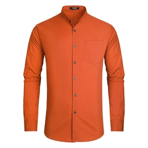 Detail view of the mandarin collar and chest pocket on a burnt orange long sleeve shirt
