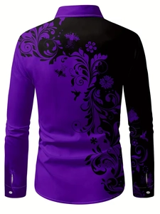 Back view of slim fit long sleeve shirt with purple and black contrast floral print