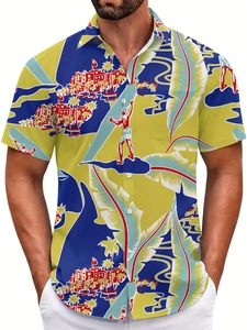 Close-up of tropical surfer print details on short sleeve Hawaiian beach shirt for men