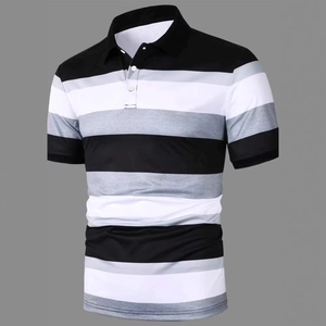 Detail of men's polo shirt with black, grey, and white stripes and three-button placket