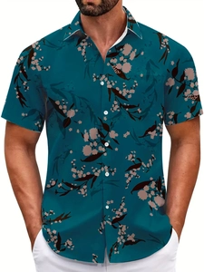 Detail of tropical floral print on a men's short-sleeved Hawaiian beach shirt
