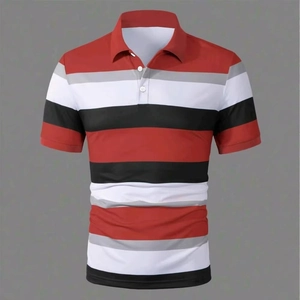 Detail of red and black striped polo shirt showing three white buttons and collar