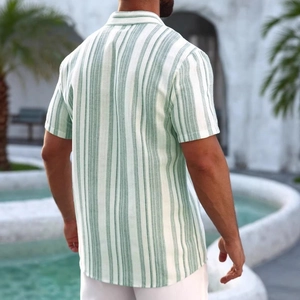 Vista posteriore di camicia da uomo a maniche corte con strisce verticali verdi