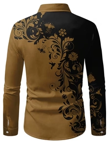 Detail view of men's long sleeve shirt featuring golden baroque patterns and bird silhouettes