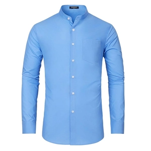 Detailed view of light blue shirt with mandarin collar, white buttons and chest pocket