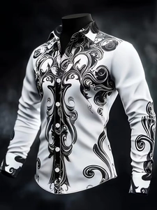 Close-up of white slim-fit shirt with bold black baroque floral print and white buttons