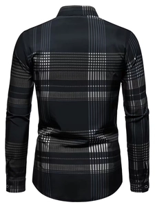 Detail view showing the back of a slim fit men's long sleeve shirt with grey grid patterns