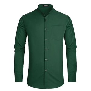 Detail of dark green mandarin collar shirt showing cotton texture and front pocket