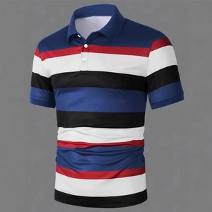 Close-up of multicolored striped polo shirt featuring white buttons and a classic collar