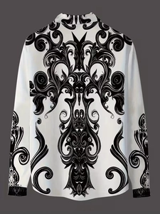 Rear detail of long-sleeved shirt featuring symmetrical black baroque scroll patterns