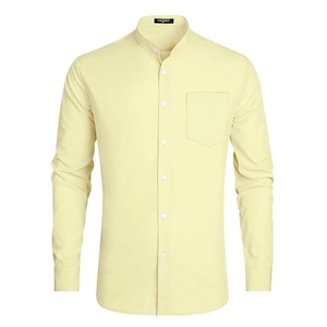 Detail of light yellow mandarin collar shirt showing high-quality fabric and breast pocket