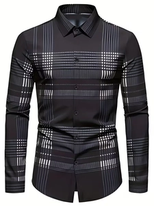 Detail of tailored black and grey plaid shirt featuring a button-down collar and cuffs
