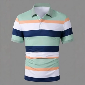 Detailed close-up of the polo collar with three buttons and multi-color striped fabric