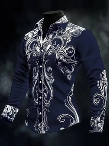 Detail of navy long sleeve shirt featuring white baroque floral prints on the collar and chest