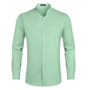 Detail view of the mint green mandarin collar and front chest pocket on the casual shirt