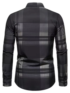 Back view of a black slim fit men's long sleeve shirt with classic white plaid pattern