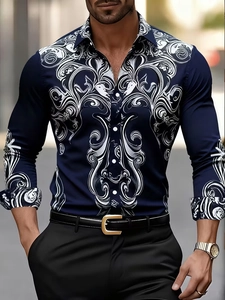 Detail of men's navy blue long sleeve shirt with white Baroque floral prints