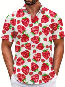 Close-up of men's white Hawaiian shirt featuring red strawberry print and chest pocket
