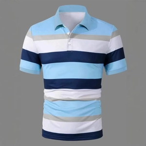 Macro detail of men's polo shirt featuring blue striped pattern and classic collar
