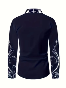 Rear view of slim fit navy blue long sleeve shirt with abstract patterns on sleeves