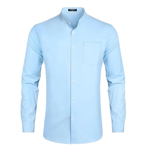 Detailed flat lay of light blue men's casual shirt featuring a sleek mandarin collar design
