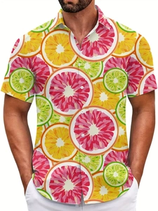 Close-up of lightweight fabric with citrus fruit patterns on men's short sleeve shirt