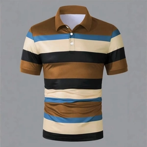 Close-up of the striped knit fabric texture and classic polo collar with white buttons