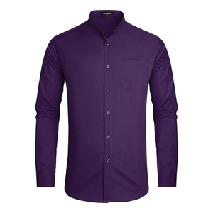 Close-up of deep purple long sleeve shirt featuring mandarin collar and chest pocket details