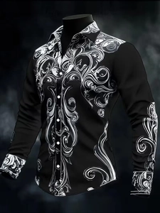 Detail of men's slim fit shirt with white baroque floral print on black fabric