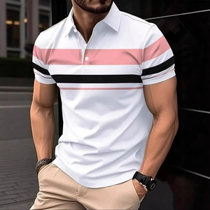 Detail of men's polo shirt featuring pink and black horizontal stripes on white fabric