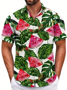 Detail of tropical watermelon and green leaf print on men's white beach shirt fabric