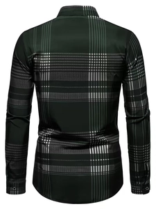 Detail showing the back of a slim fit dark green plaid long sleeve shirt for men