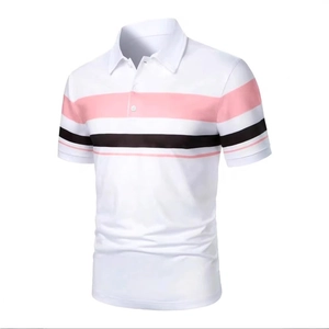 Close-up of polo shirt collar and knit fabric texture with pink and black stripes