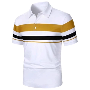 Detail of men's polo shirt showing yellow and black stripes on white soft fabric