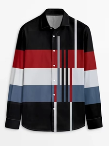Detail of men's long sleeve shirt featuring modern geometric color block print and buttons
