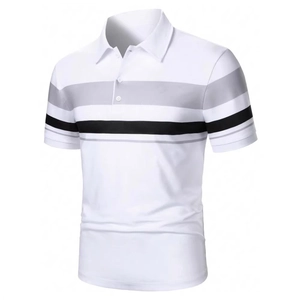 Detailed view of the gray and black striped chest pattern on this men's white polo shirt