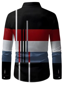 Detailed back view of men's long sleeve shirt with geometric color block digital print