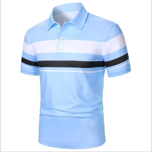 Detailed view of light blue polo shirt featuring black and white horizontal chest stripes