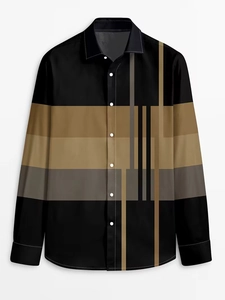 Detail of men's long sleeve shirt with geometric abstract print and button closure