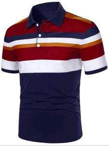 Detail of color-block striped polo shirt with navy collar and buttoned placket