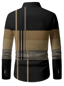 Detailed back view of men's slim fit shirt featuring geometric color blocks and fine stitching