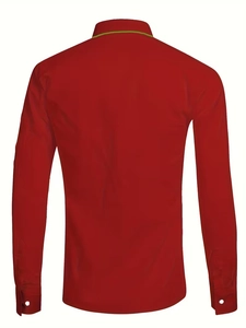 Rear view of men's red long-sleeved shirt with inner collar trim and buttoned cuffs