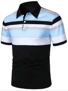 Ghost mannequin view of men's polo shirt showing striped pattern and contrast collar