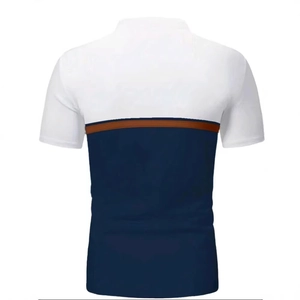 Back view of men's polo shirt featuring navy and white color-block with a brown stripe detail