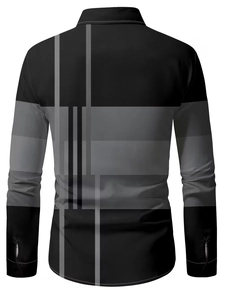 Detailed back view of men's long sleeve shirt with modern geometric digital print patterns