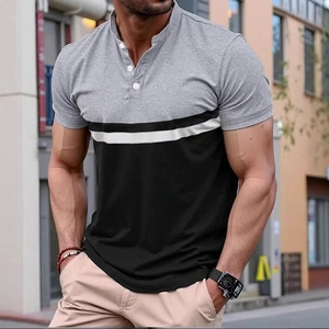 Detail of grey and white striped color block pattern on a casual men's Henley shirt