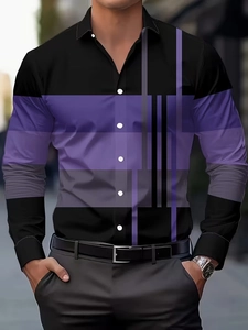 Close-up of lapel collar and purple-gray striped patchwork on black long sleeve shirt