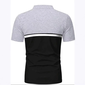 Rear view of men's polo shirt featuring grey and black color blocks with a white stripe